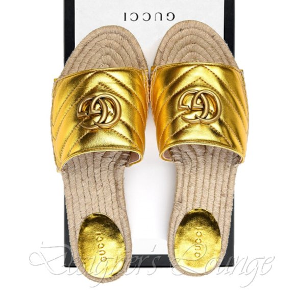 ⚡️SOLD! NEW GUCCI Marmont GG EU 39.5 Pilar Metallic Gold Leather Espadrilles - Picture 2 of 11